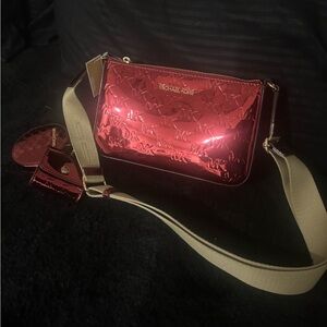 Michael Kors Shiny Red Crossbody Bag with Beige Strap